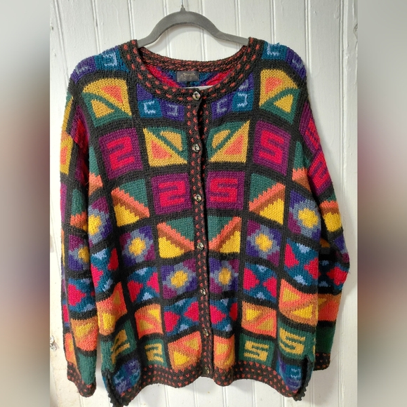 100% Peruvian baby alpaca wool Colorful Geometric Patterned Cardigan - Picture 3 of 12